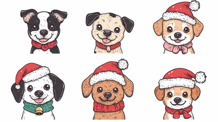 Obraz premium Set of cute and smiley baby dog doodles. Happy baby dog faces of dalmatian, pug, poodle, beagle with flat color, bows, hats, and scarves isolated on white. Sticker, comic, and print design.