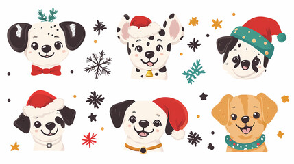 Naklejka premium Set of cute and smiley baby dog doodles. Happy baby dog faces of dalmatian, pug, poodle, beagle with flat color, bows, hats, and scarves isolated on white. Sticker, comic, and print design.