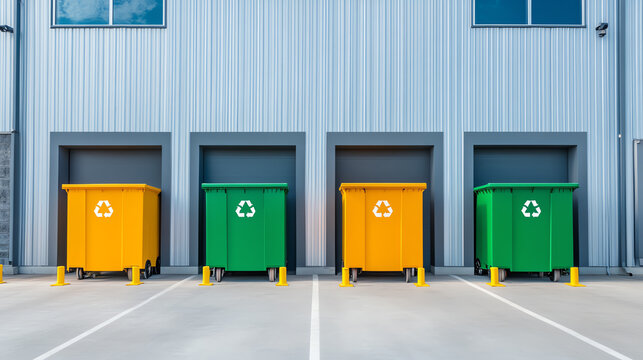 Recycling bins in various colors lined up against a modern building, promoting waste separation and environmental sustainability.