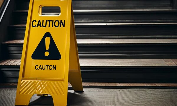 Caution sign on stairs.