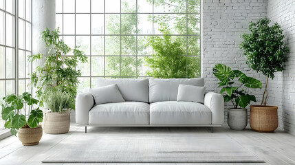 White Sofa with Greenery in a Modern Living Room