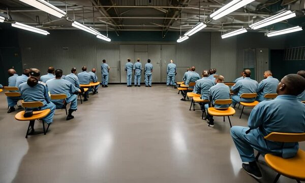 Prisoners in a classroom in prison.