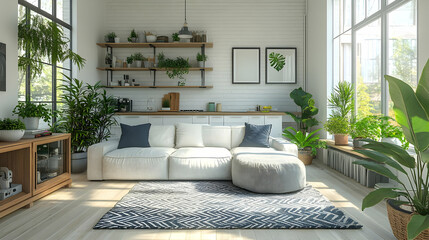 Modern Living Room Design with White Brick Wall & Plants