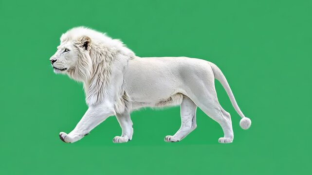white Lion walking sideways on green screen background, male albino lion walking on site, generative ai