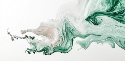 Abstract white, cream, and green liquid in the shape of an on a white background.