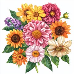 bonquet of dahlias, marigolds, sunflowers, and zinnias