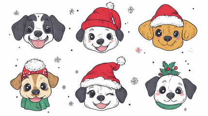 Obraz premium Set of cute and smiley baby dog doodles. Happy baby dog faces of dalmatian, pug, poodle, beagle with flat color, bows, hats, and scarves isolated on white. Sticker, comic, and print design.