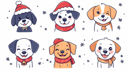 Set of cute and smiley baby dog doodles. Happy baby dog faces of dalmatian, pug, poodle, beagle with flat color, bows, hats, and scarves isolated on white. Sticker, comic, and print design.