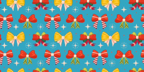 Seamless Pattern of Hand-Drawn Decorative Ribbons in Festive Colors. Ideal for wrapping paper, holiday designs, and vector-based projects.