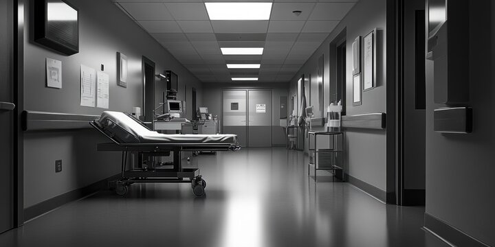 A typical hospital room setup with a single bed and medical equipment, suitable for use in a healthcare or medical context