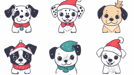 Obraz premium Set of cute and smiley baby dog doodles. Happy baby dog faces of dalmatian, pug, poodle, beagle with flat color, bows, hats, and scarves isolated on white. Sticker, comic, and print design.