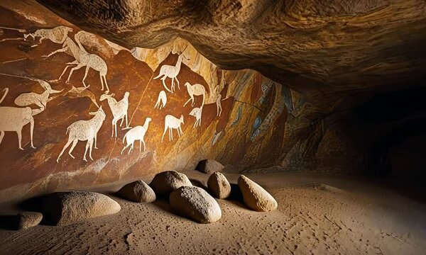 Cave paintings in a cave.