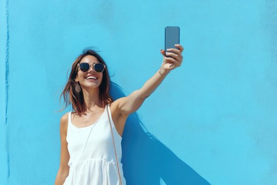 A woman holding a cell phone and taking a selfie in front of a background