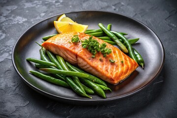 Baked salmon steak with green beans on a black plate silhouette