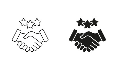 Obraz premium Best Partnership Line and Silhouette Icon Set. Handshake With Stars Pictogram. Client Review Symbol. Business Communication And Support. Editable Stroke. Isolated Vector Illustration