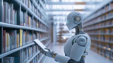 Fototapeta premium A robotic librarian organizing digital archives in a futuristic library, expansive and intellectual setting with digital bookshelves and reading nooks, Digital Library Robotics style
