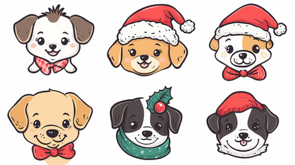Set of cute and smiley baby dog doodles. Happy baby dog faces of dalmatian, pug, poodle, beagle with flat color, bows, hats, and scarves isolated on white. Sticker, comic, and print design.