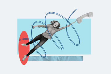 Collage image young woman telephone landline operator call center answer wire cable customer support client helpline drawing background