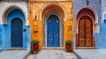 Scenic view of a winding street in a Moroccan medina featuring a series of traditional doors each uniquely decorated highlighting the charm of the ancient city walls