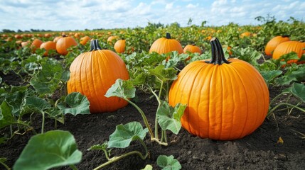 A bustling pumpkin patch, its vines sprawling across the fertile soil as bright orange pumpkins of all