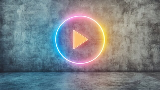 A vibrant neon play button symbol illuminated against a textured concrete wall, blending modern design with urban industrial elements. - Powered by Adobe