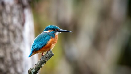 Vibrant kingfisher perched on a branch with a blurred natural background