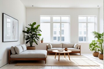 A room with indoor space, simple interior, and large windows with natural light and shadow from nature.