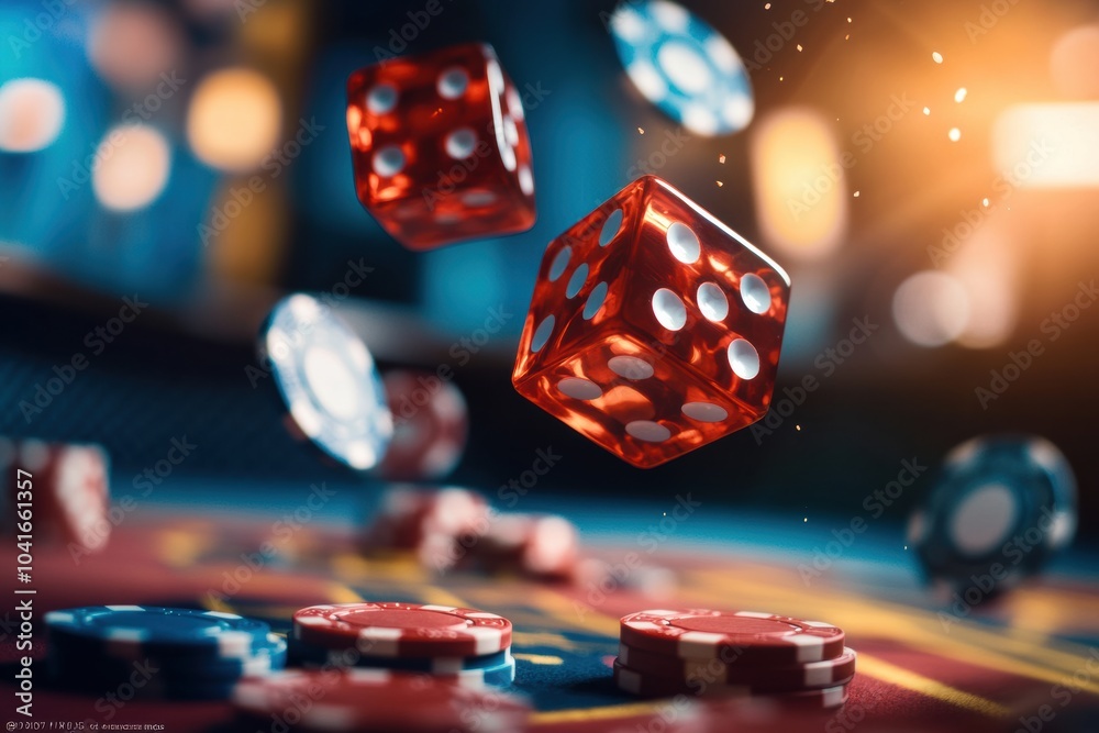 Poster red dice are in mid-air above a craps table crowded with colorful betting chips, capturing the thril