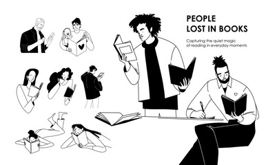set of vector line drawings, people lost in books. Vector illustration