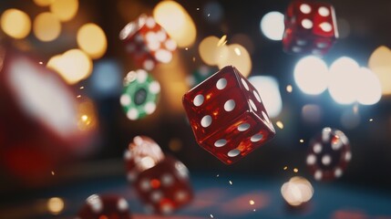 Red dice are flying above a craps table, with scattered chips adding to the lively atmosphere of a casino game night. Generative AI - obrazy, fototapety, plakaty