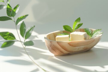 Wooden bowl filled with cubes of soap