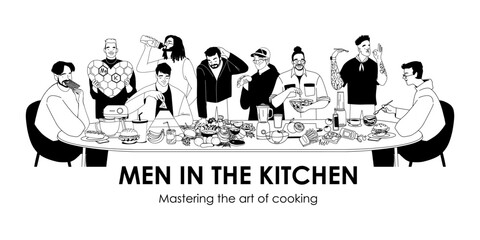 set vector line drawings, men in the kitchen. Vector illustration