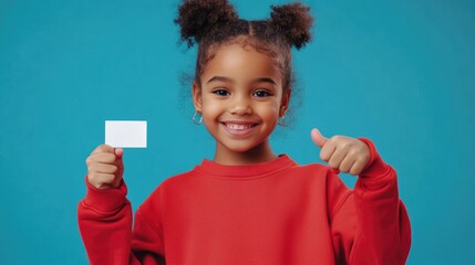 A young girl holds a blank greeting card, possibly waiting for someone to fill it with a special message