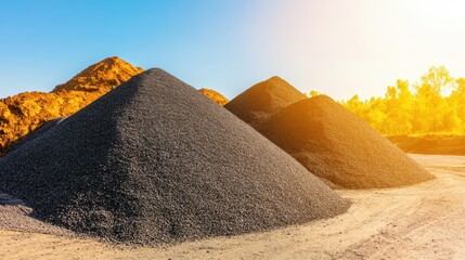 Piles of coal are stacked high at an industrial mine, illuminated by warm afternoon sunlight in a clear blue sky