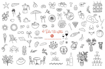 La Dolce Vita minimalist whimsical hand drawn mediterranean sea life doodle, simple outline icons. Objects like champagne glass, sea food, beach life vector icons for wedding invites, menu card.