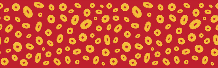 Chinese gold coins horizontal seamless border pattern. Red seamless banner with gold Chinese coins.
