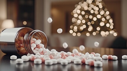 A bottle is overturned, revealing a scattering of vibrant red and white pills on a dark table, emphasizing their vivid colors and shapes