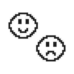 Obraz premium Happy and Sad Faces Pixelated Icon. Pixel Art of Positive and Negative Emotions. Feedback or Mood Symbol. Isolated Vector Illustration