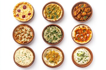 A collection of small bowls filled with various types of food arranged on a table