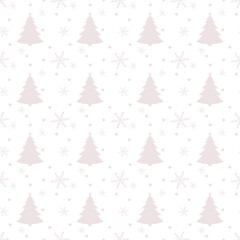 Seamless Christmas pattern with Christmas trees and snowflakes. Endless Christmas pattern on a red background. Repeating pattern with white snowflakes and a Christmas tree