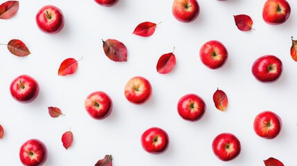 A collection of red apples and leaves arranged on a white surface