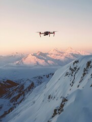 Fototapeta premium Drone Soaring Over Snowy Mountain Peaks at Dusk Capturing Adventure and
