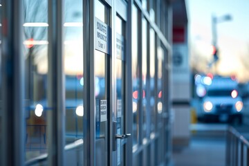 Close-up image of the exterior of a hospital building with large windows and a welcoming sign