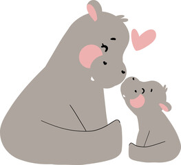 Illustration Pygmy hippo mama and baby in heartwarming scenes