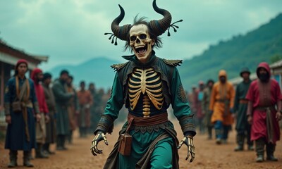 Fototapeta premium Shaman in an ethnic dress doing a mysterious ritual with skull mask. Black magic concept, fantasy. Paganism. Halloween