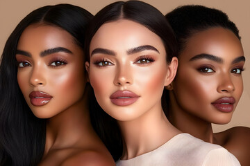 portrait  professional photo of 3 women different skin color multicultural, with smooth silky shiny skin posing as models