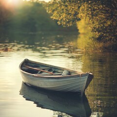 Fototapeta premium A solitary rowboat rests on a tranquil lake, reflecting the soft hues of a sunrise, evoking peace and solitude.