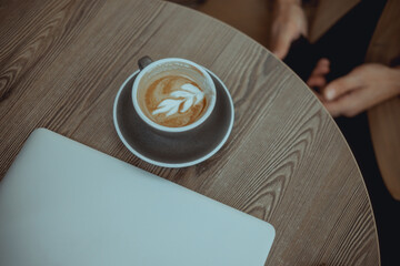 Laptop in cafe, hipster style, internet, smartphone, office, Bali Indonesia, holding, manager, freelancer, coffee cup, sunglasses 