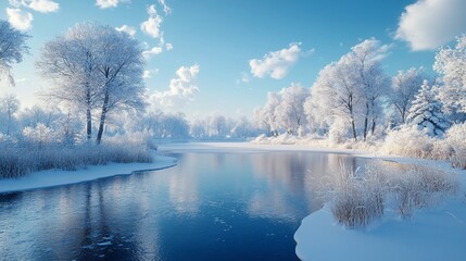 A frozen river winds through a snow-covered forest under a bright blue sky.