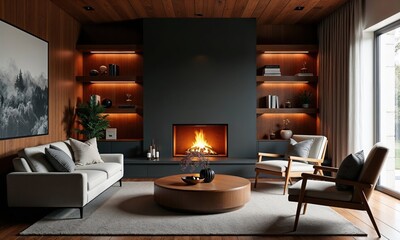 In the center of the living room, there is a cozy fireplace present